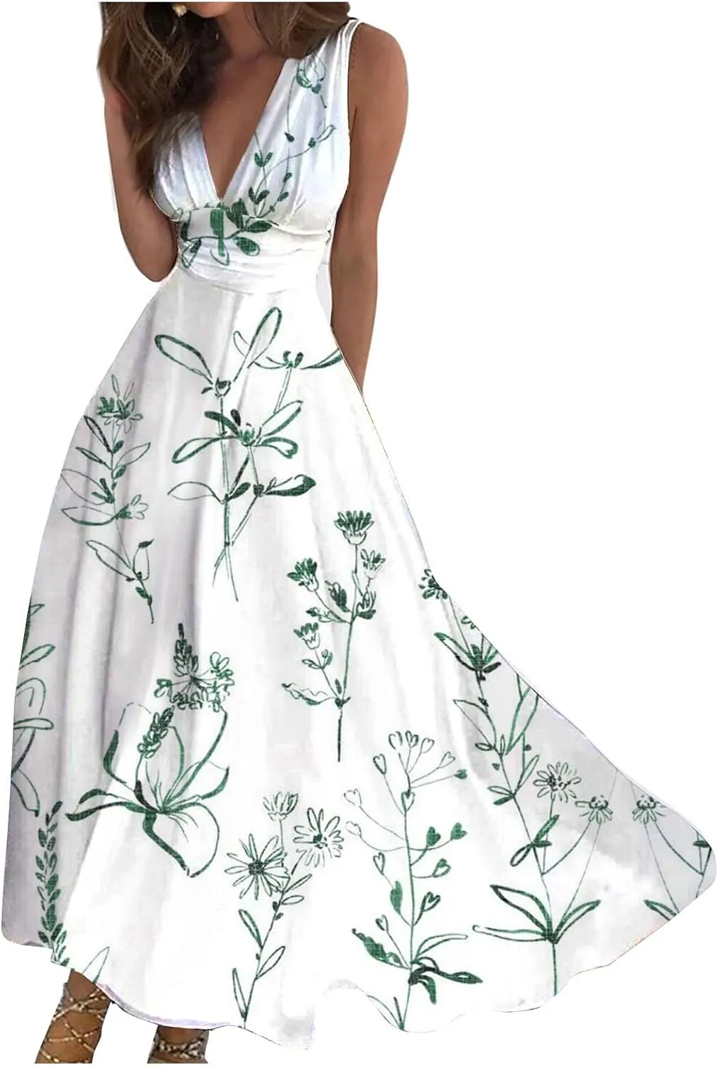 Azeralia Sundresses for Women 2024, Summer Elegant Wrap V Neck Sleeveless Maxi Dress Trendy Floral Print Flowy Beach Dresses