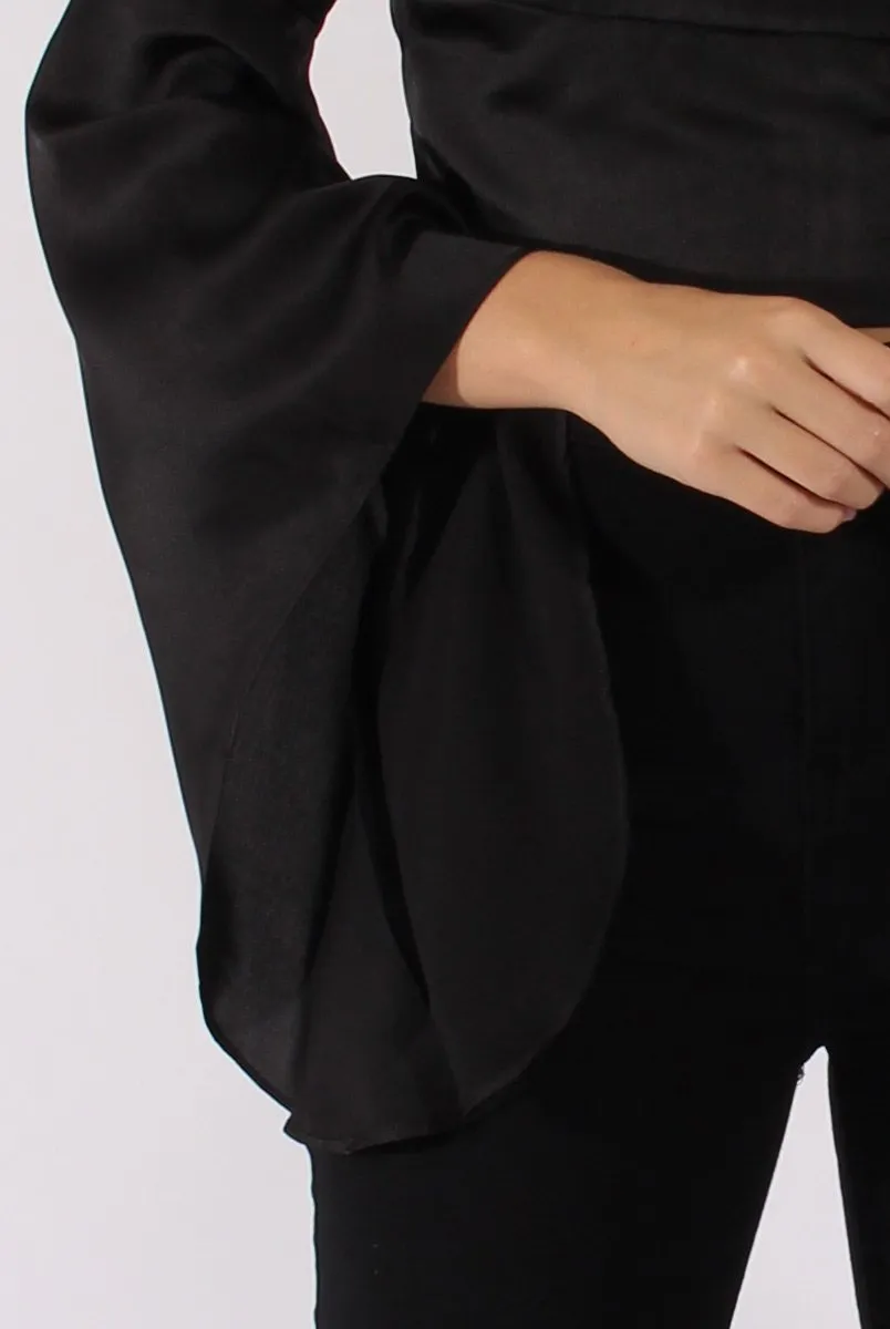 Black Silk Flare Sleeves Crop Top - Anise