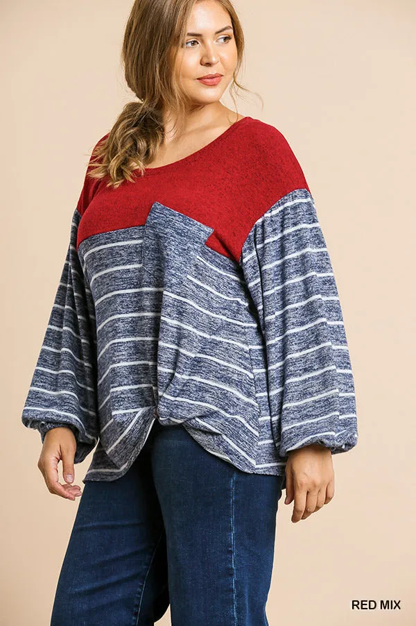 Heathered Puff Sleeve Top, Red Mix
