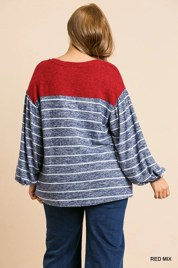 Heathered Puff Sleeve Top, Red Mix