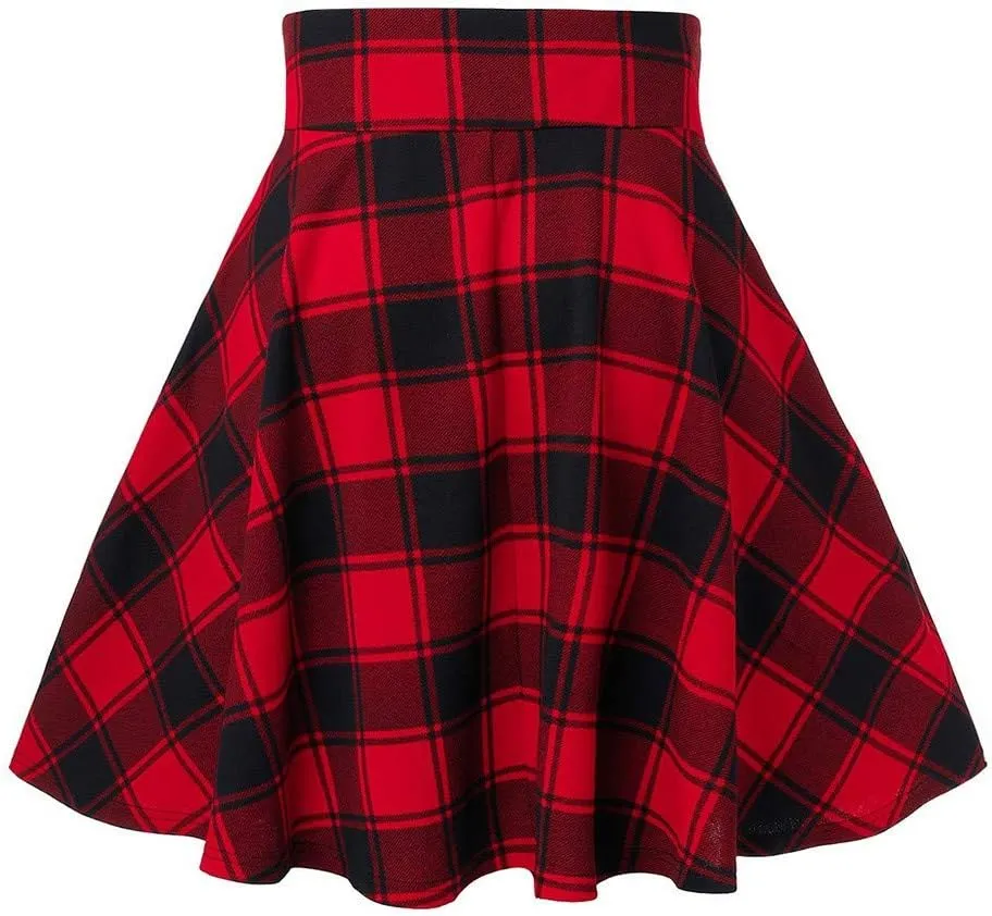 Knee Length Skirts for Women Trendy 2025 Plaid Y2K High Elastic Waist Tummy Control A-Line Midi Skirts Back Lace Up