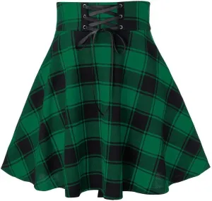 Knee Length Skirts for Women Trendy 2025 Plaid Y2K High Elastic Waist Tummy Control A-Line Midi Skirts Back Lace Up