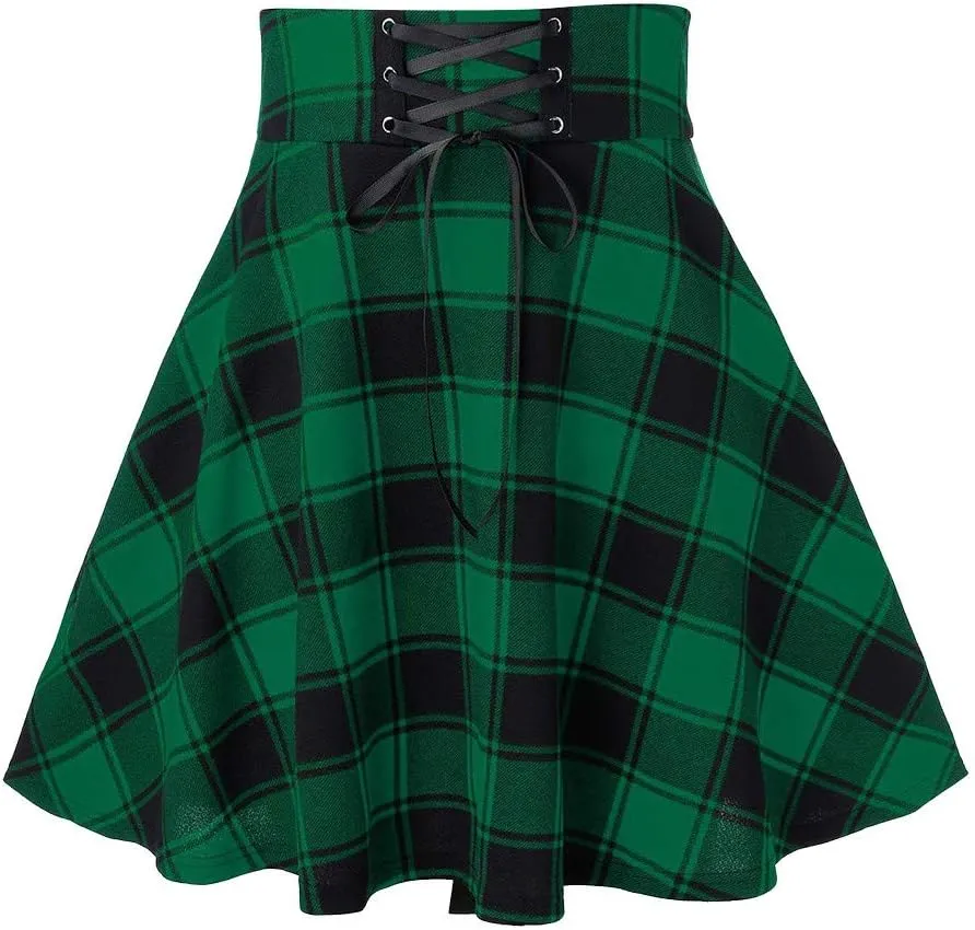 Knee Length Skirts for Women Trendy 2025 Plaid Y2K High Elastic Waist Tummy Control A-Line Midi Skirts Back Lace Up