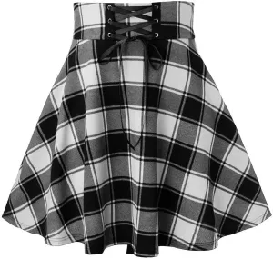 Knee Length Skirts for Women Trendy 2025 Plaid Y2K High Elastic Waist Tummy Control A-Line Midi Skirts Back Lace Up