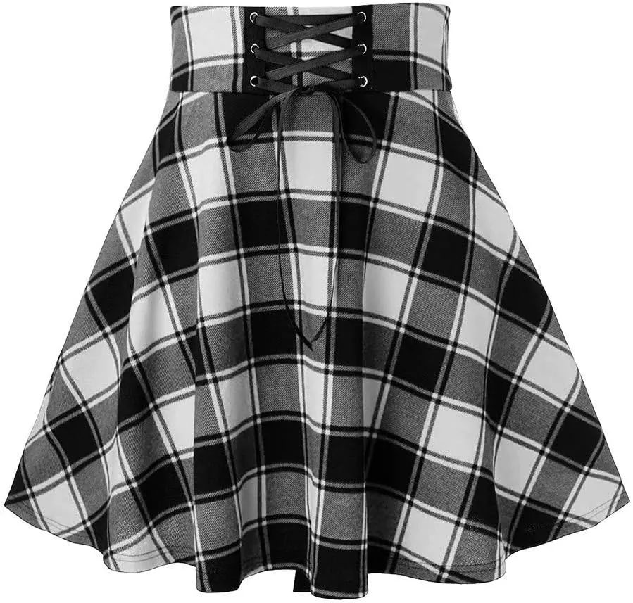 Knee Length Skirts for Women Trendy 2025 Plaid Y2K High Elastic Waist Tummy Control A-Line Midi Skirts Back Lace Up