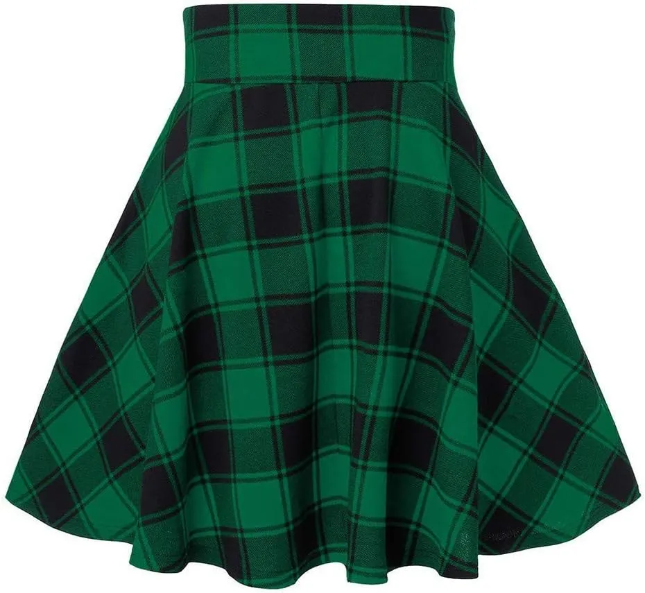 Knee Length Skirts for Women Trendy 2025 Plaid Y2K High Elastic Waist Tummy Control A-Line Midi Skirts Back Lace Up