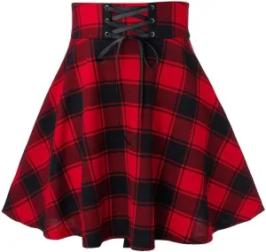 Knee Length Skirts for Women Trendy 2025 Plaid Y2K High Elastic Waist Tummy Control A-Line Midi Skirts Back Lace Up