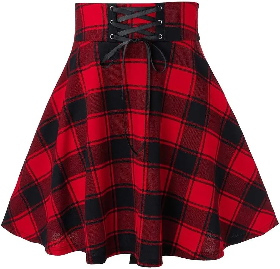 Knee Length Skirts for Women Trendy 2025 Plaid Y2K High Elastic Waist Tummy Control A-Line Midi Skirts Back Lace Up