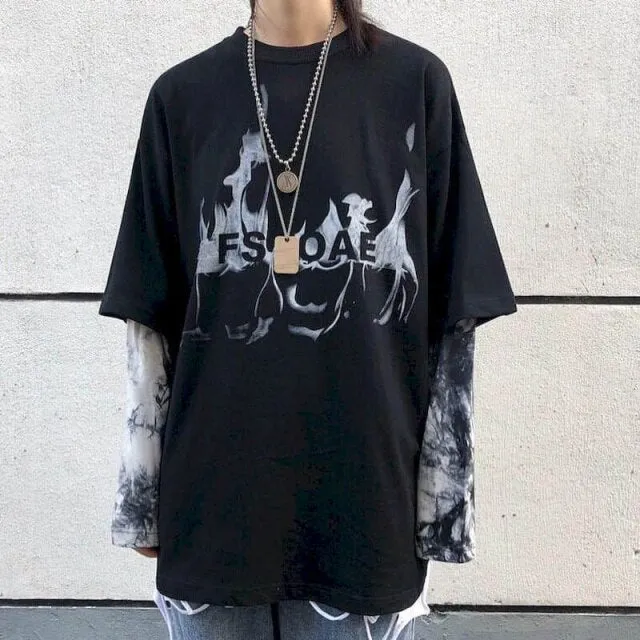 Long Sleeve Fake Two-piece T Shirt Striped Big Shirts Men Clothing Men Fashion New Oversized Tees Clothes Tshirt