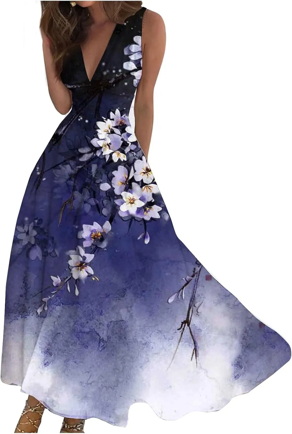 Palaver Summer Dresses for Women 2025 Elegant Wrap V Neck Sleeveless Maxi Dress Casual Print Flowy Beach Sundresses
