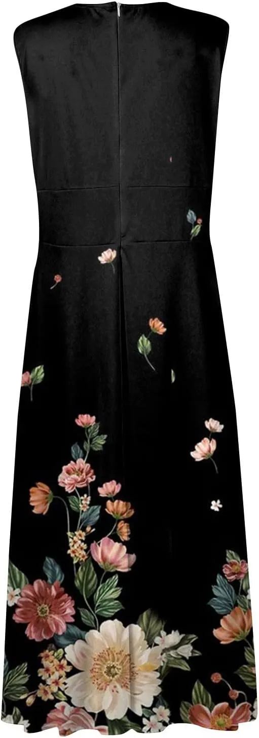 Palaver Summer Dresses for Women 2025 Elegant Wrap V Neck Sleeveless Maxi Dress Casual Print Flowy Beach Sundresses