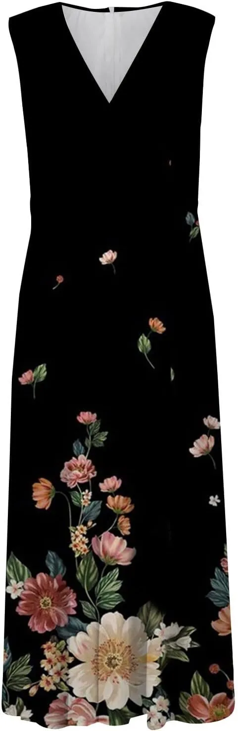Palaver Summer Dresses for Women 2025 Elegant Wrap V Neck Sleeveless Maxi Dress Casual Print Flowy Beach Sundresses
