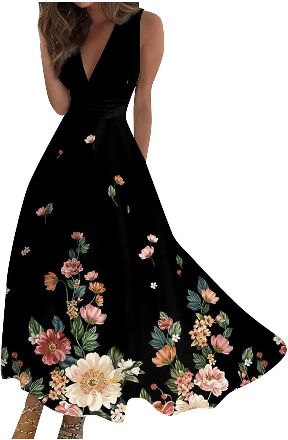Palaver Summer Dresses for Women 2025 Elegant Wrap V Neck Sleeveless Maxi Dress Casual Print Flowy Beach Sundresses