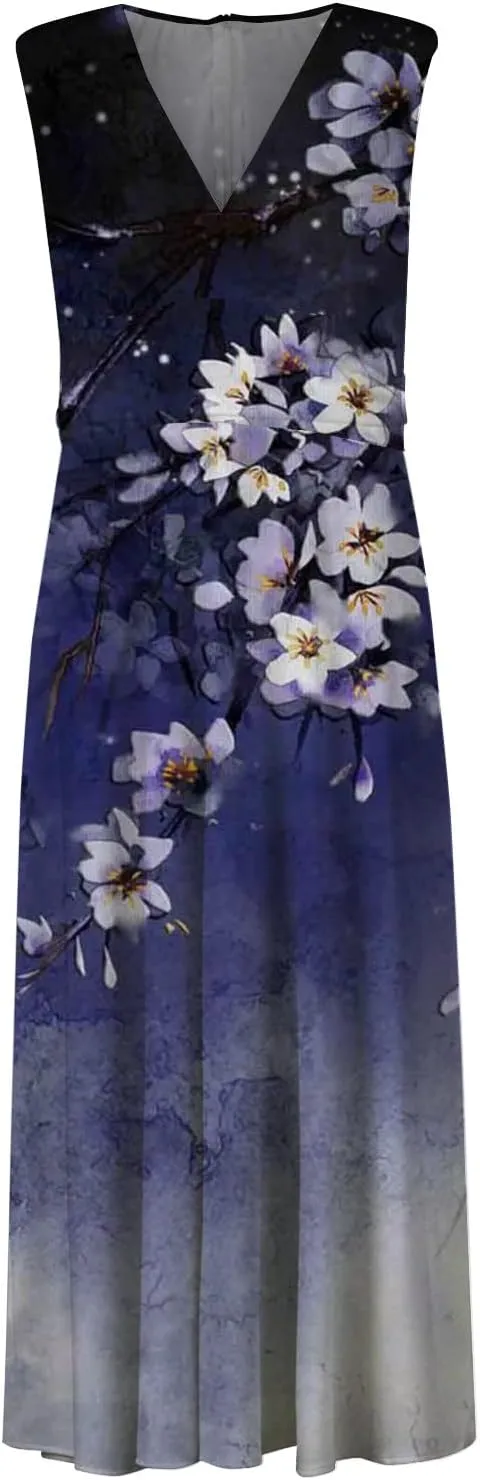 Palaver Summer Dresses for Women 2025 Elegant Wrap V Neck Sleeveless Maxi Dress Casual Print Flowy Beach Sundresses
