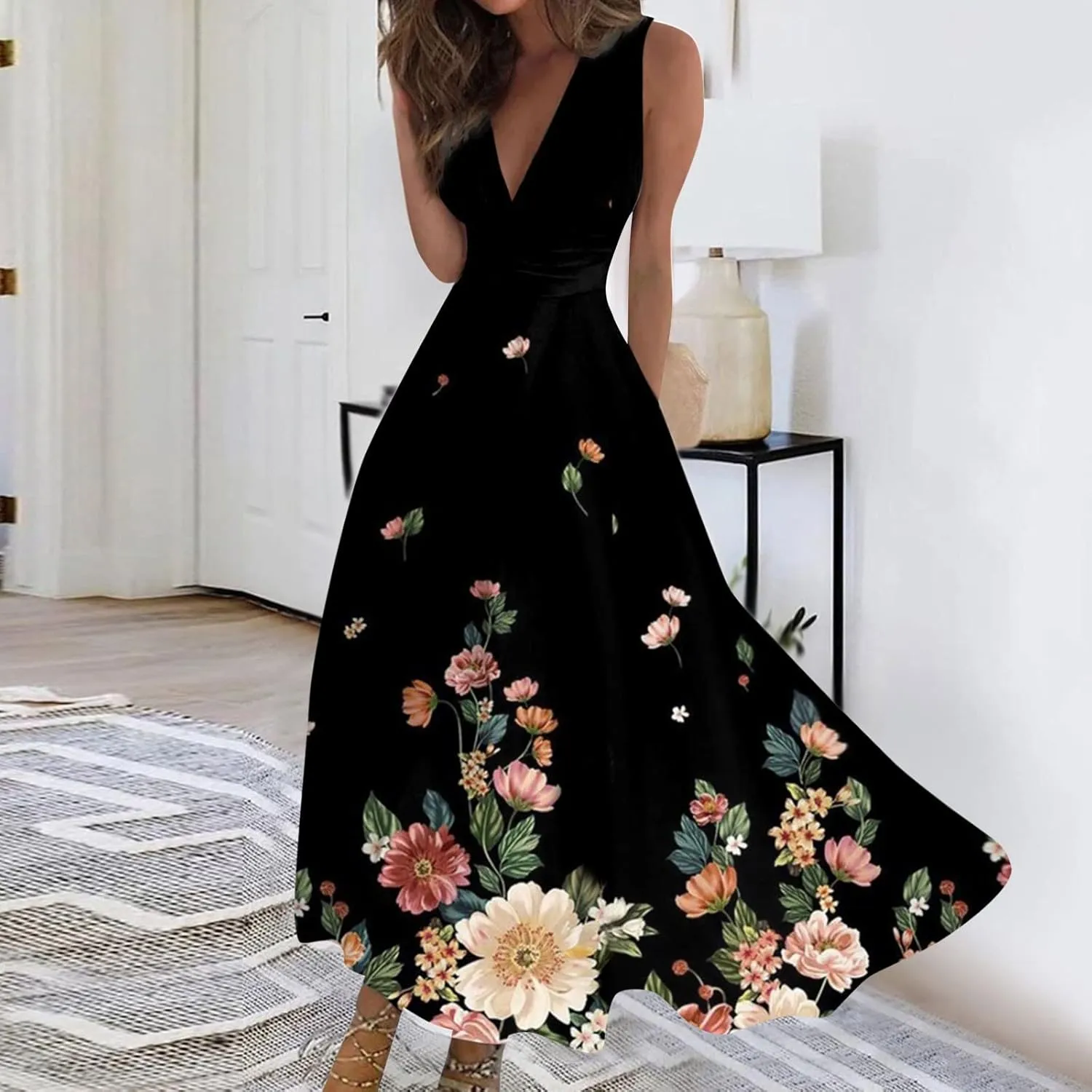 Palaver Summer Dresses for Women 2025 Elegant Wrap V Neck Sleeveless Maxi Dress Casual Print Flowy Beach Sundresses
