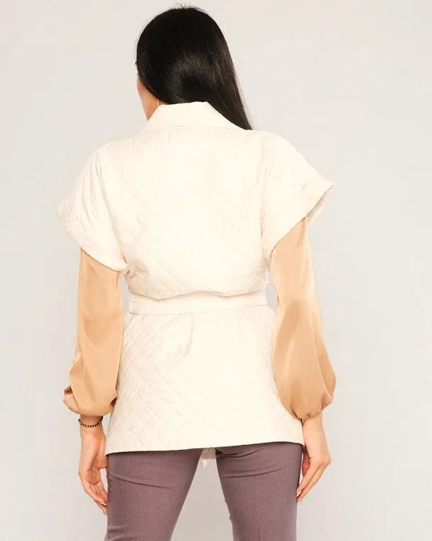 Quilted Short Sleeve Jacket with Belt - Tan