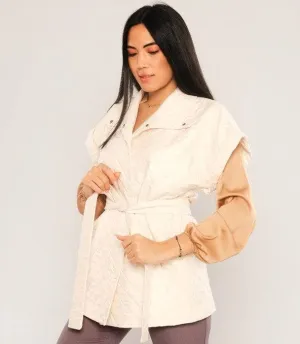 Quilted Short Sleeve Jacket with Belt - Tan
