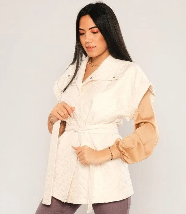 Quilted Short Sleeve Jacket with Belt - Tan
