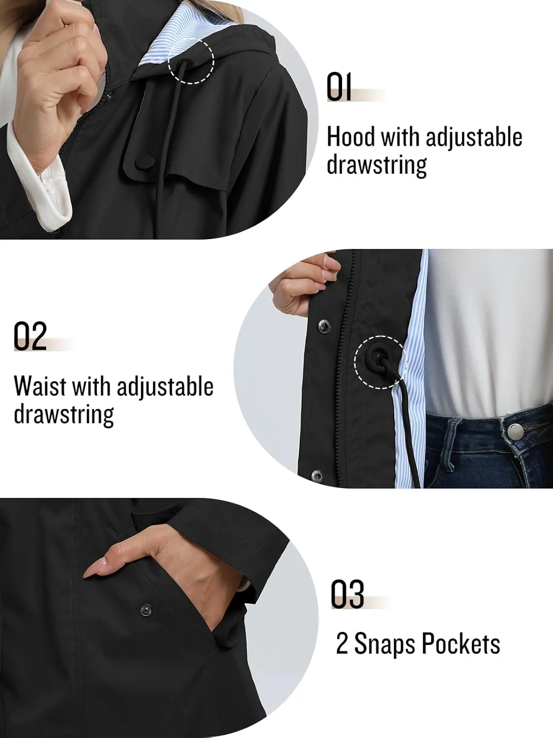 SaphiRose Women's Long Rain Jacket Waterproof Rain Coat with Hood Outdoor Light Raincoats Windbreaker