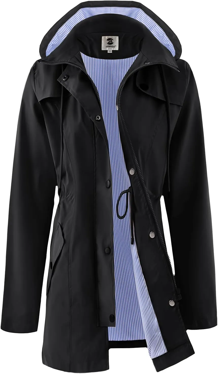 SaphiRose Women's Long Rain Jacket Waterproof Rain Coat with Hood Outdoor Light Raincoats Windbreaker