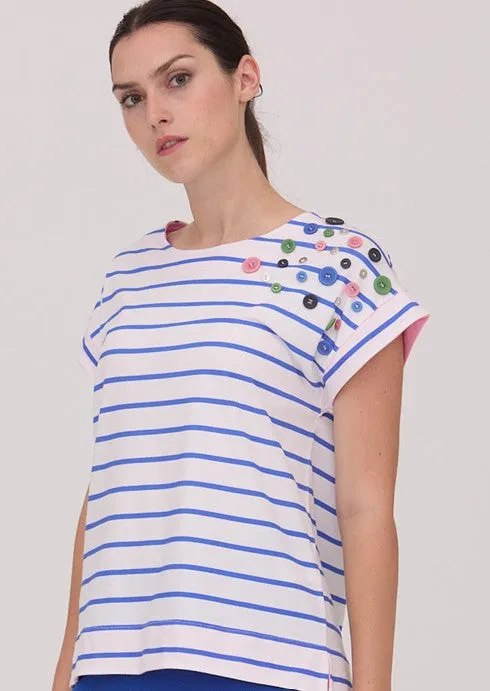 Scorzzo Knit Striped Tee With Decorative Buttons
