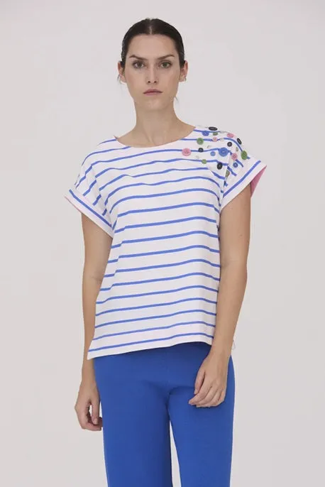 Scorzzo Knit Striped Tee With Decorative Buttons