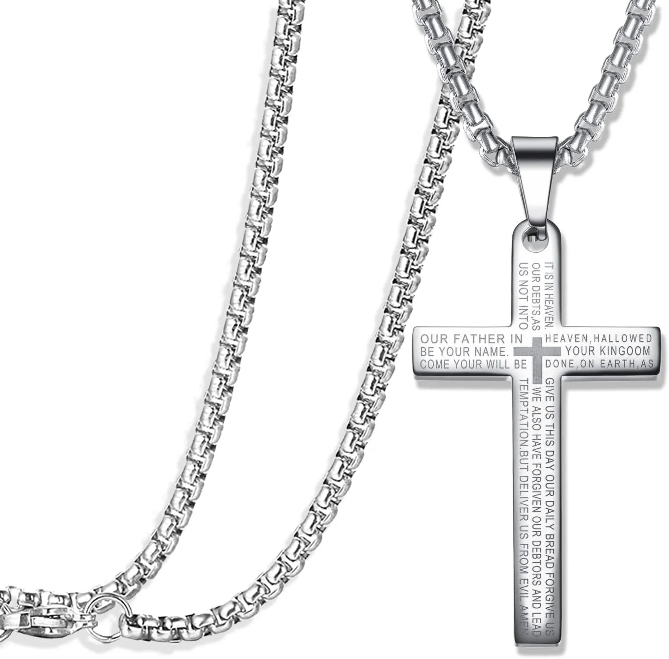 Silver deer [Hypoallergenic & lightweight] Cross Necklacedoes not rust or discolourfor Women or Men Stainless Steel Pendant Lord's Prayer Bible Verse Lovely gift box2in DIY extensionChain 22 Inch