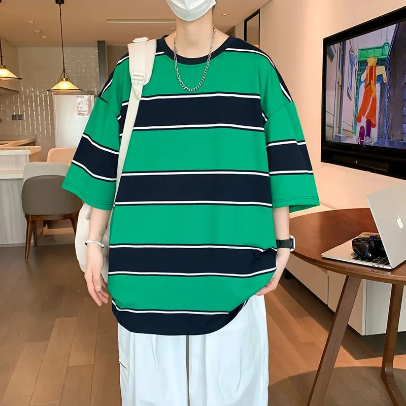 Wiaofellas  -  Streetwear Summer Men's Cotton Striped T-Shirts Outdoor Sports Short-Sleeved Pullover Tops Tees Youth Loose Tshirt Clothing