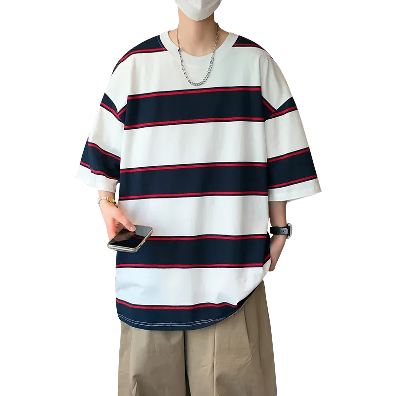Wiaofellas  -  Streetwear Summer Men's Cotton Striped T-Shirts Outdoor Sports Short-Sleeved Pullover Tops Tees Youth Loose Tshirt Clothing