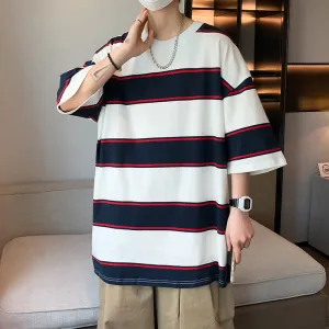 Wiaofellas  -  Streetwear Summer Men's Cotton Striped T-Shirts Outdoor Sports Short-Sleeved Pullover Tops Tees Youth Loose Tshirt Clothing