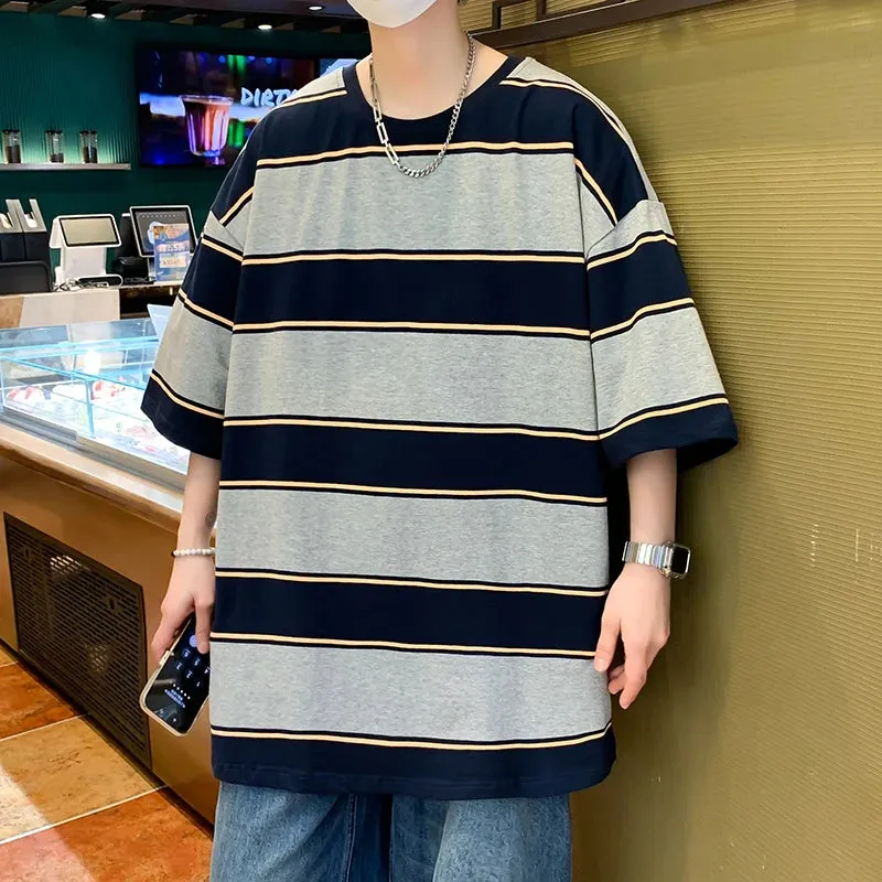 Wiaofellas  -  Streetwear Summer Men's Cotton Striped T-Shirts Outdoor Sports Short-Sleeved Pullover Tops Tees Youth Loose Tshirt Clothing