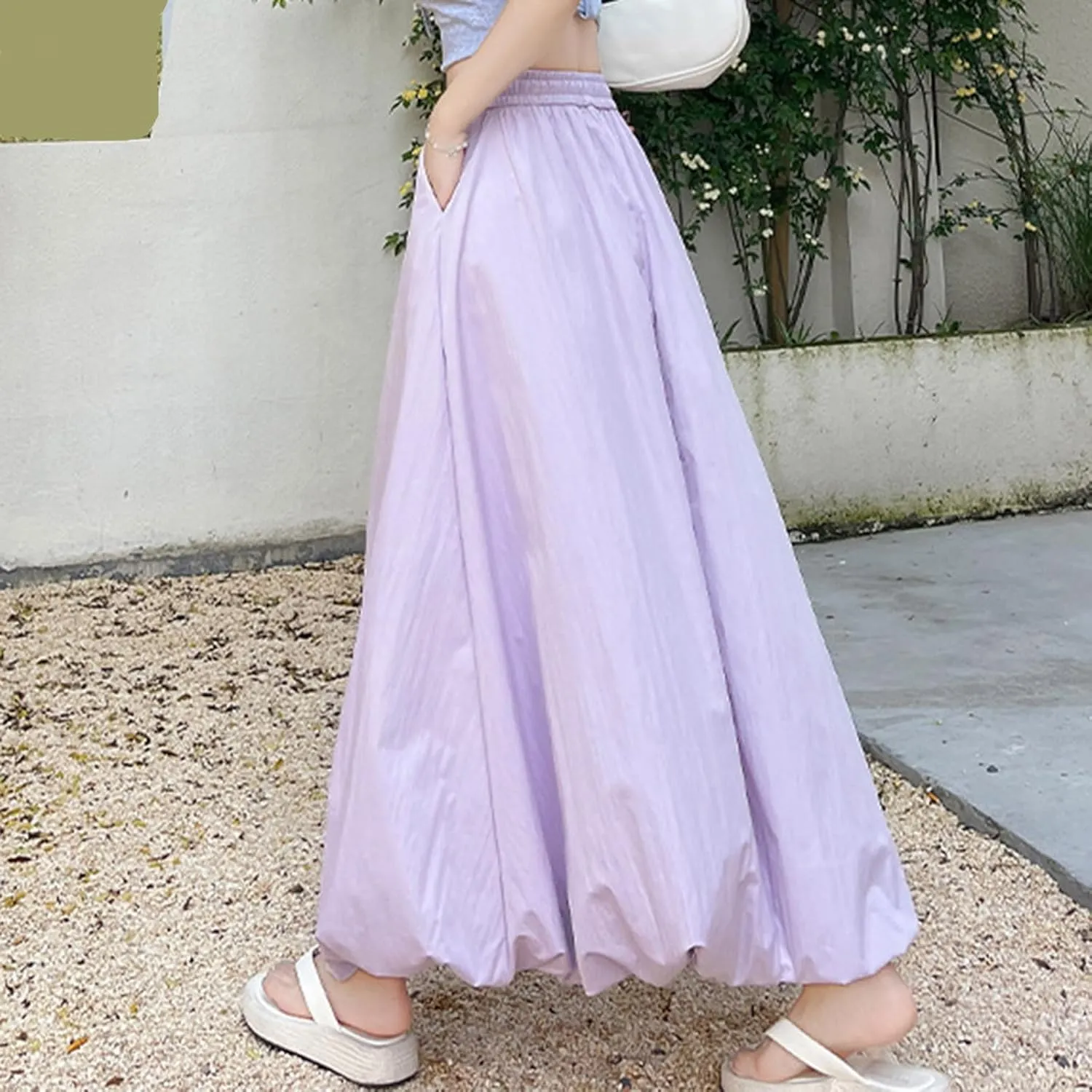 Women Bubble Maxi Skirt Elastic Waist Pleated Puff Long Skirts Solid Color A Line Y2k Dress Flowy Summer Boho Clothes