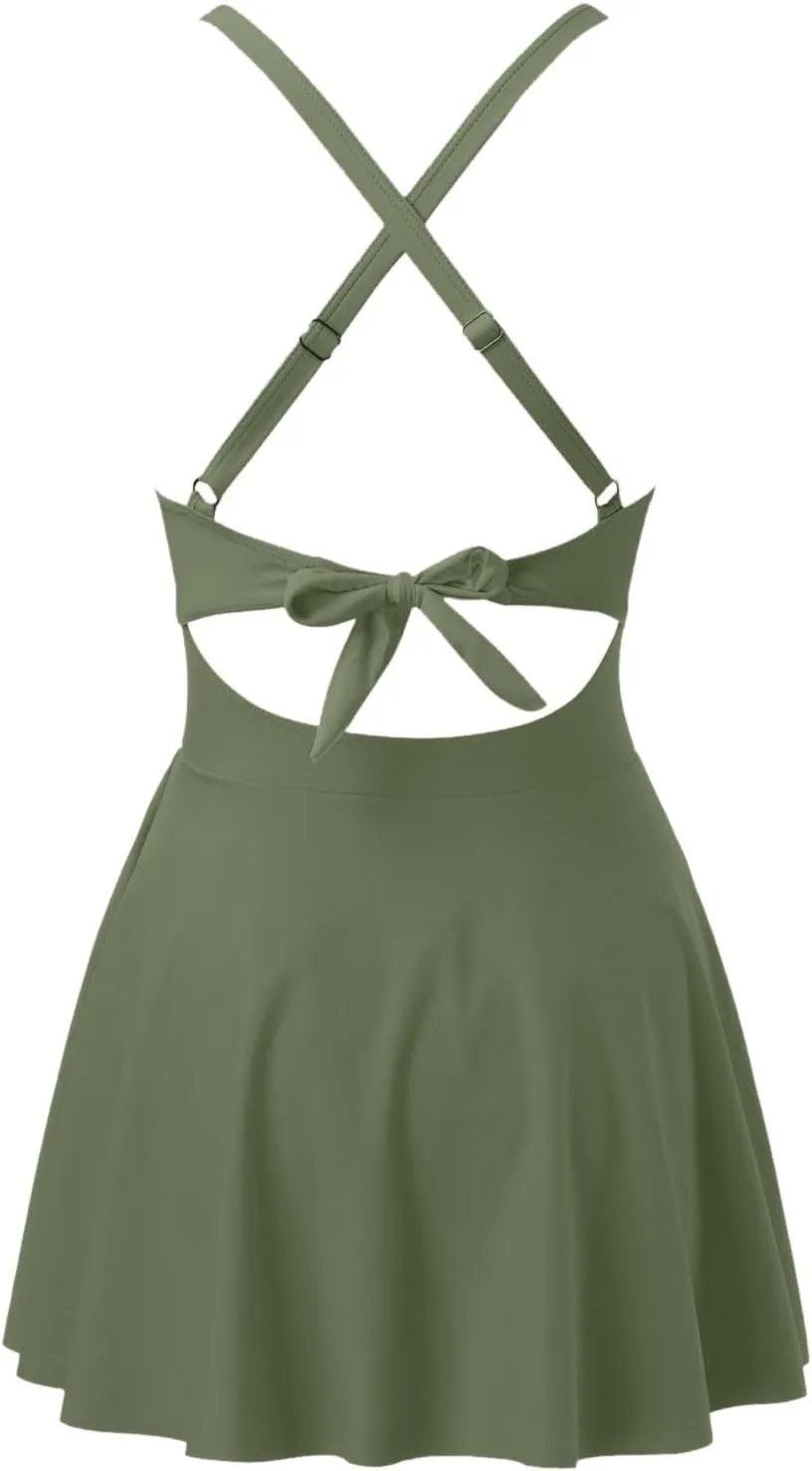 Women Cutout One PC Skirt Swimsuit V Neck Wrap Tie Back Swimdress Bathing Suits Sequin Bikini
