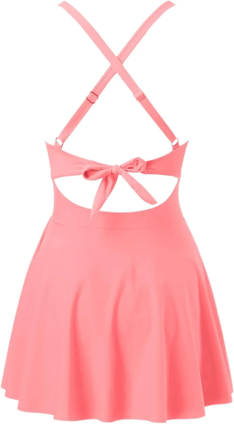 Women Cutout One PC Skirt Swimsuit V Neck Wrap Tie Back Swimdress Bathing Suits Sequin Bikini