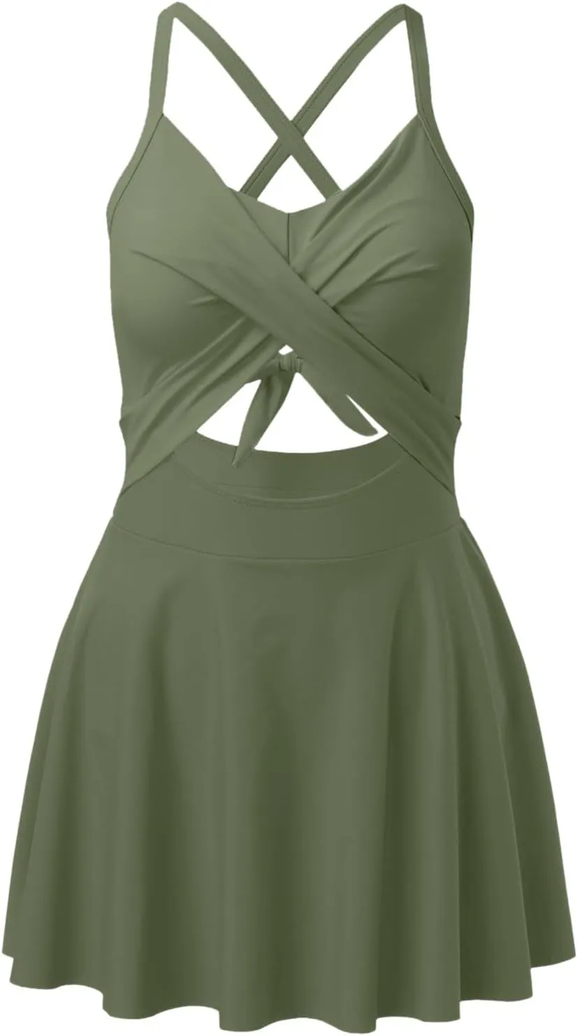 Women Cutout One PC Skirt Swimsuit V Neck Wrap Tie Back Swimdress Bathing Suits Sequin Bikini