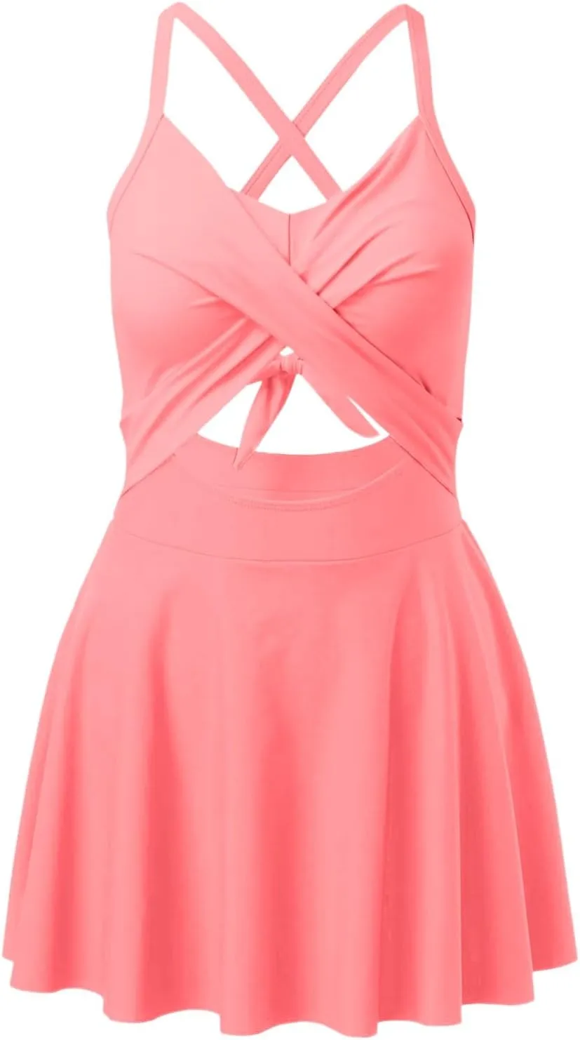 Women Cutout One PC Skirt Swimsuit V Neck Wrap Tie Back Swimdress Bathing Suits Sequin Bikini