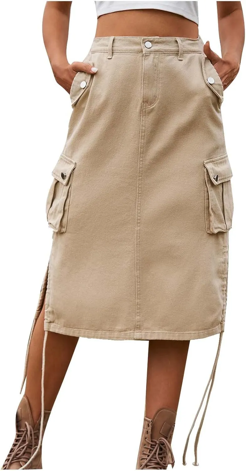 Womens Cargo Skirts with Pockets Summer Maxi Skirt Denim Midi Skirts Tie Split Jean Skirts Fashion Skirt Trendy Skirt
