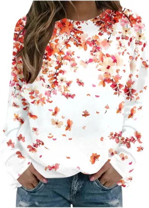Womens Floral Shirts Long Sleeve Crewneck Sweatshirt Comfy Casual Trendy Fall Outfits Loose Fit Tunic Cute Tops