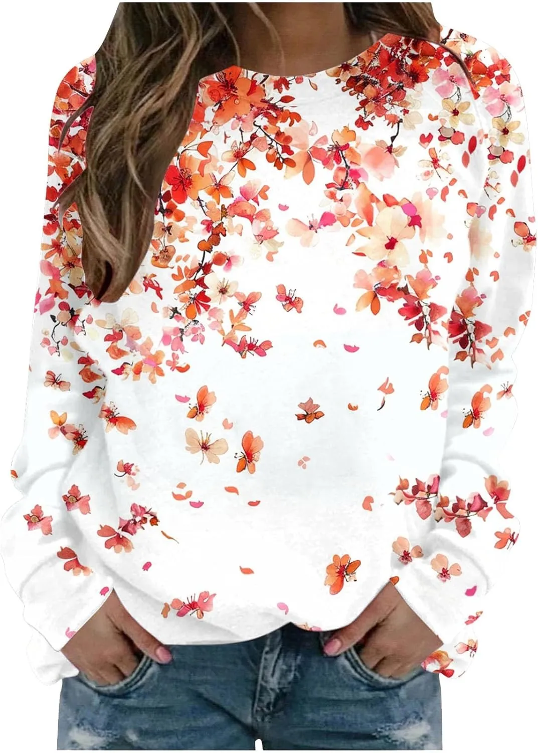 Womens Floral Shirts Long Sleeve Crewneck Sweatshirt Comfy Casual Trendy Fall Outfits Loose Fit Tunic Cute Tops