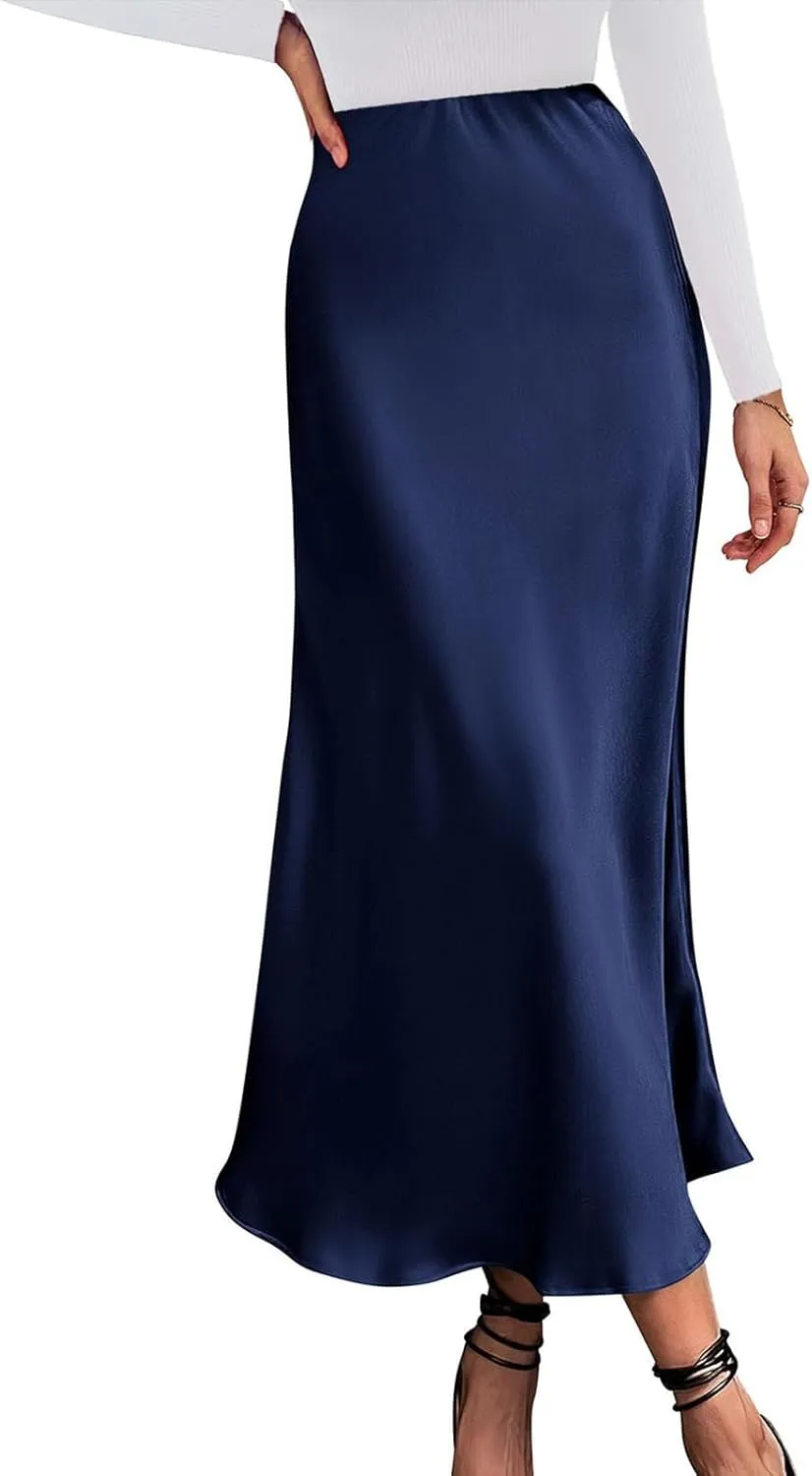 Womens Satin Silk Maxi Skirt High Waisted A Line Flowy Ruffle Elegant Party Skirts Casual Formal Work Skirt
