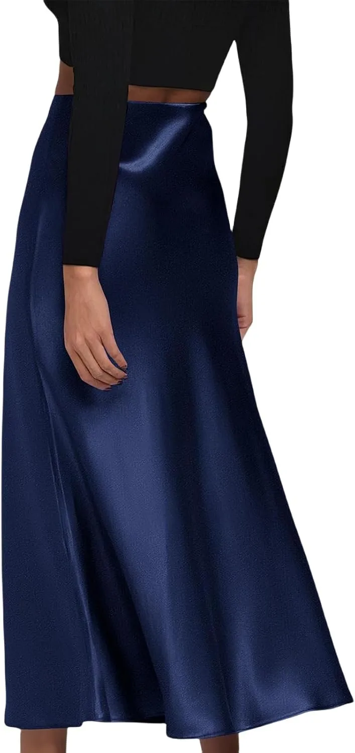 Womens Satin Silk Maxi Skirt High Waisted A Line Flowy Ruffle Elegant Party Skirts Casual Formal Work Skirt