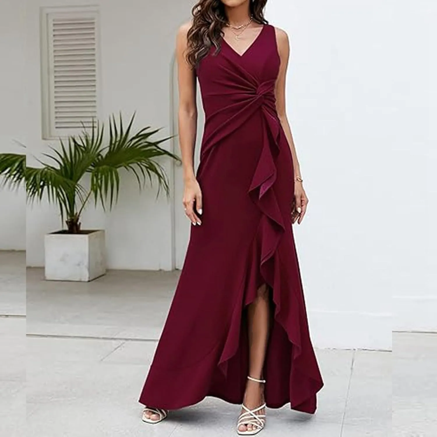 Women's Split Bodycon Evening Cocktail Long Dress Wrap V Neck Sleeveless Ruched Formal Dress Ruffle Hem Maxi Dress