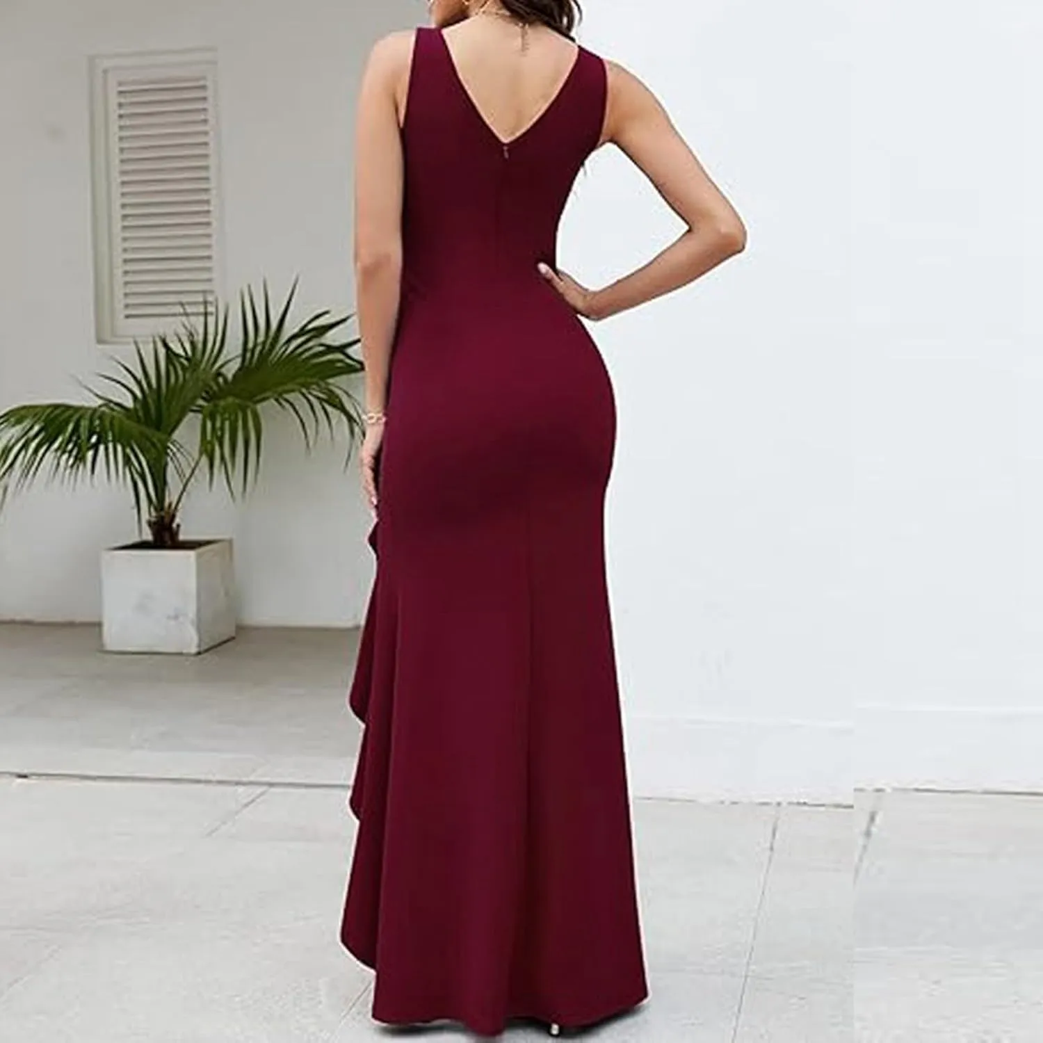 Women's Split Bodycon Evening Cocktail Long Dress Wrap V Neck Sleeveless Ruched Formal Dress Ruffle Hem Maxi Dress