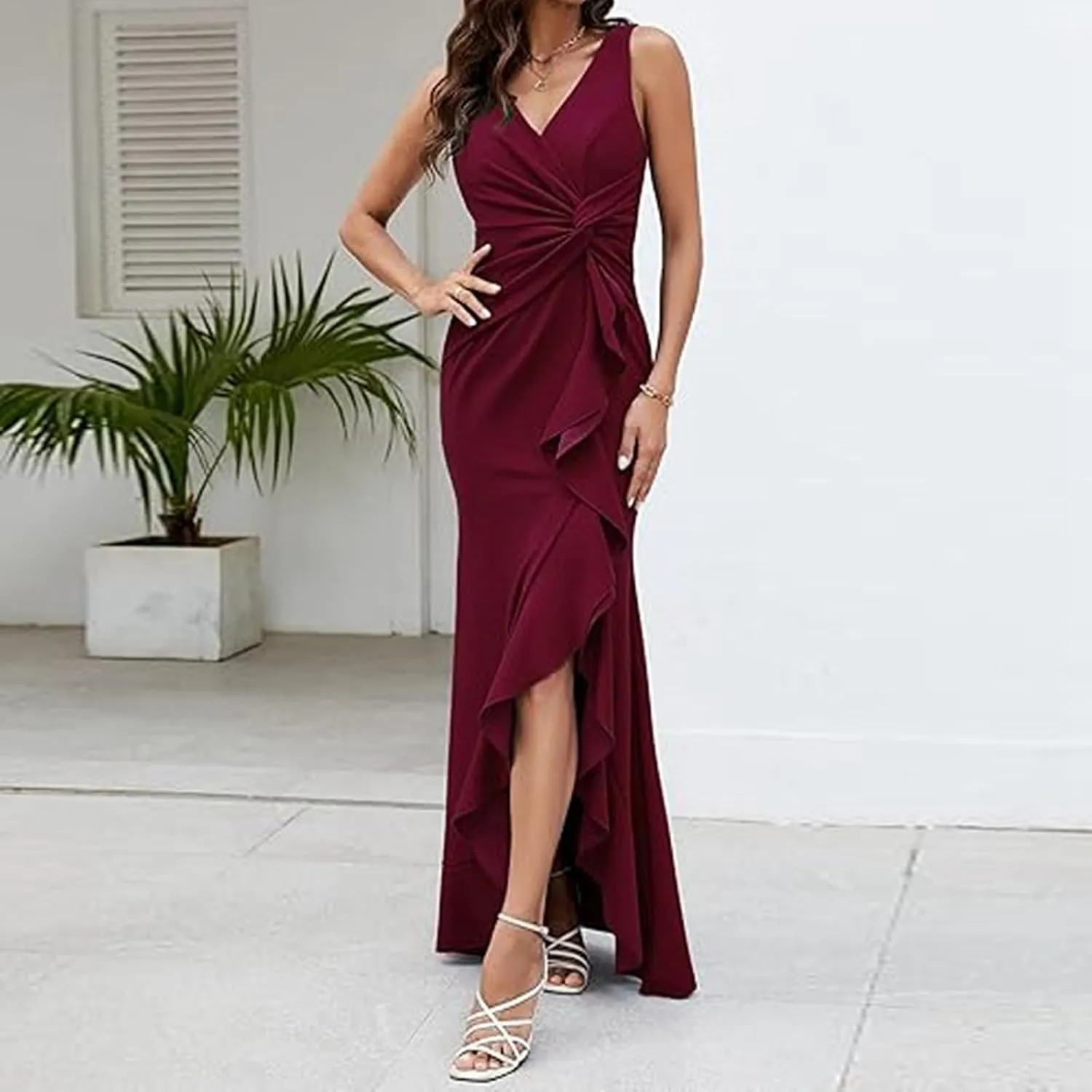 Women's Split Bodycon Evening Cocktail Long Dress Wrap V Neck Sleeveless Ruched Formal Dress Ruffle Hem Maxi Dress