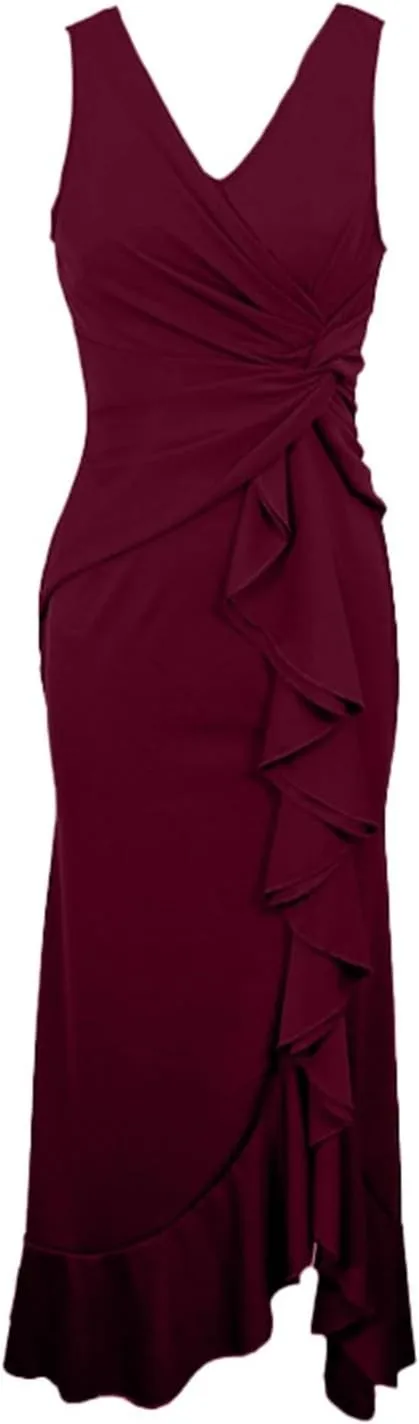 Women's Split Bodycon Evening Cocktail Long Dress Wrap V Neck Sleeveless Ruched Formal Dress Ruffle Hem Maxi Dress