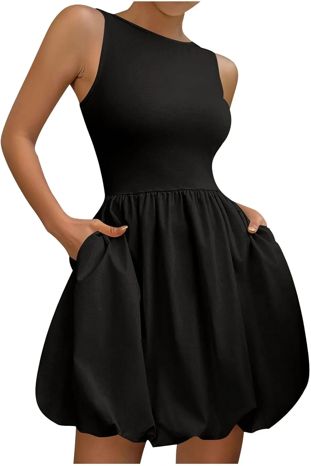 Women's Summer Casual Sleeveless Midi Sundress Scoop Neck Tank Dress Solid Flowy A Line Swing Wrap Tunic Dresses