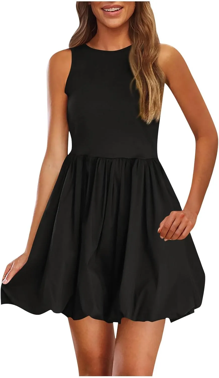 Women's Summer Casual Sleeveless Midi Sundress Scoop Neck Tank Dress Solid Flowy A Line Swing Wrap Tunic Dresses