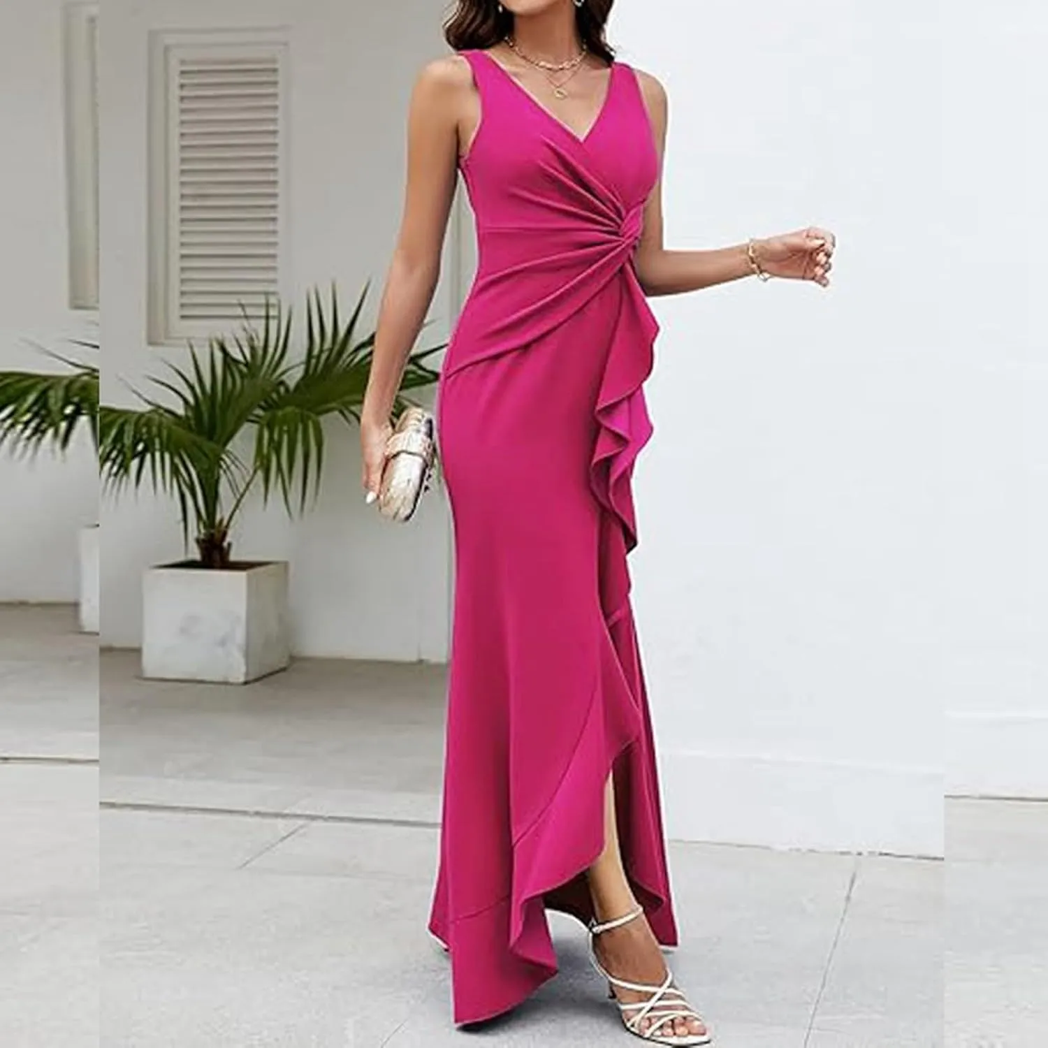 Women's Summer Formal Maxi Dresses Sleeveless Wrap V Neck Bodycon Ruched Slit Mesh Wedding Guest Cocktail Dress