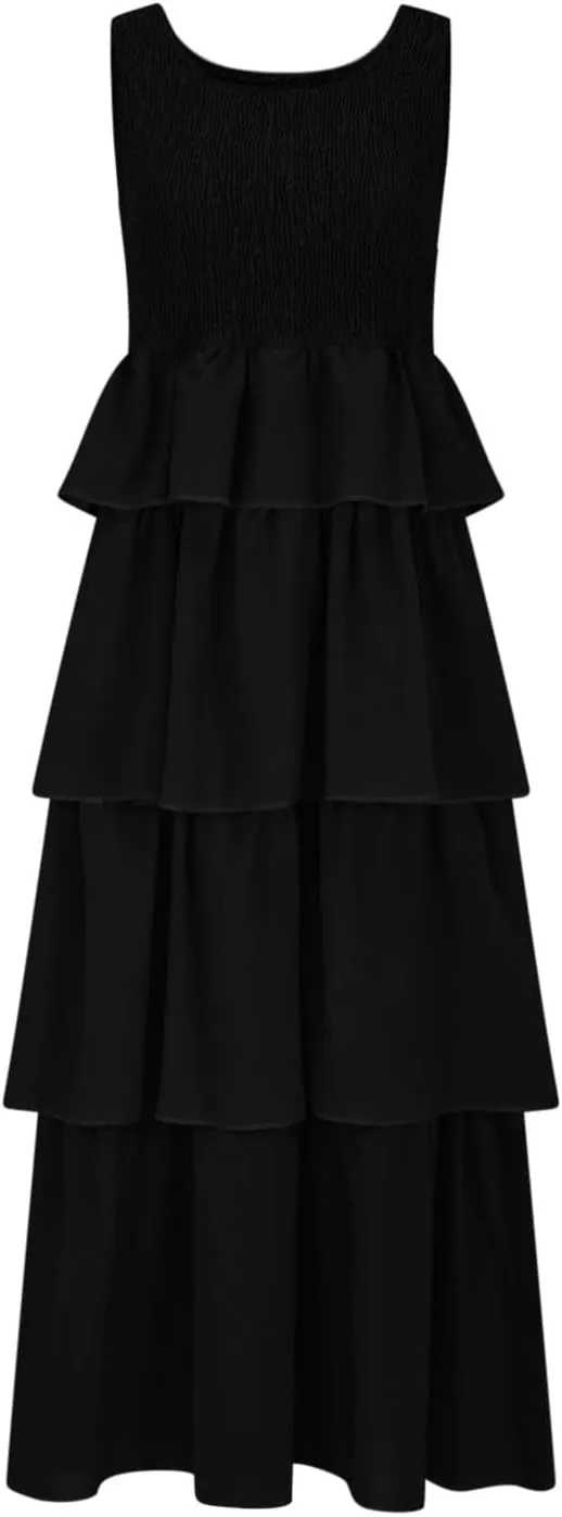 Women's Summer Sleeveless Maxi Sundress Swing Smocked Ruffle Flowy Tiered Wrap Dress Beach Travel Vacation Outfits