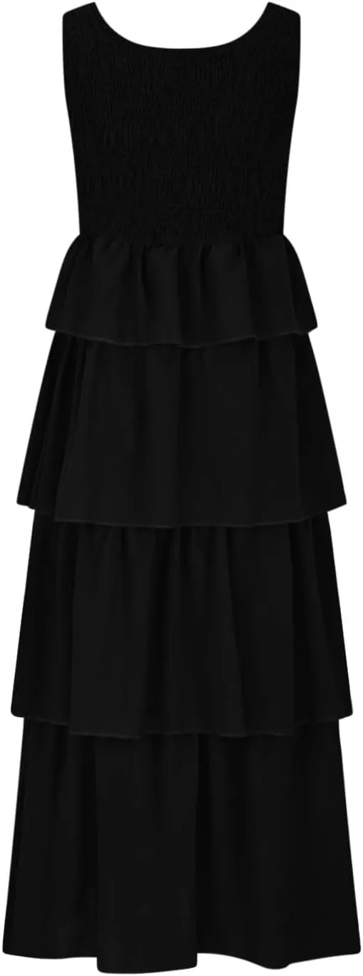 Women's Summer Sleeveless Maxi Sundress Swing Smocked Ruffle Flowy Tiered Wrap Dress Beach Travel Vacation Outfits